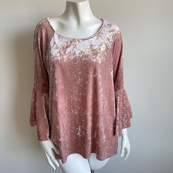 Cupio Pink Crushed Velvet Bell Sleeve Tunic Boho Top Size L Gypsy Y2K - Picture 1 of 10